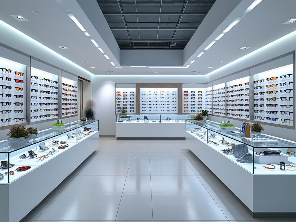 Spacious modern eyewear store with illuminated display cases showcasing a wide variety of glasses and sunglasses.
