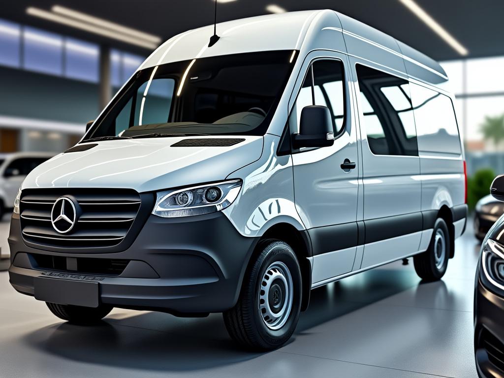 Modern white van parked in a showroom with reflective surfaces, large windows, and a prominent logo on the front grille. Modern white van parked in a showroom with reflective surfaces, large windows, and a prominent logo on the front grille.