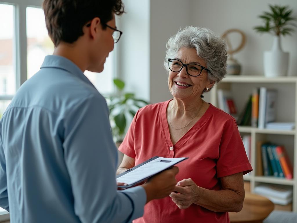 Senior woman smiling and talking to a healthcare professional holding a clipboard in a cozy home setting.