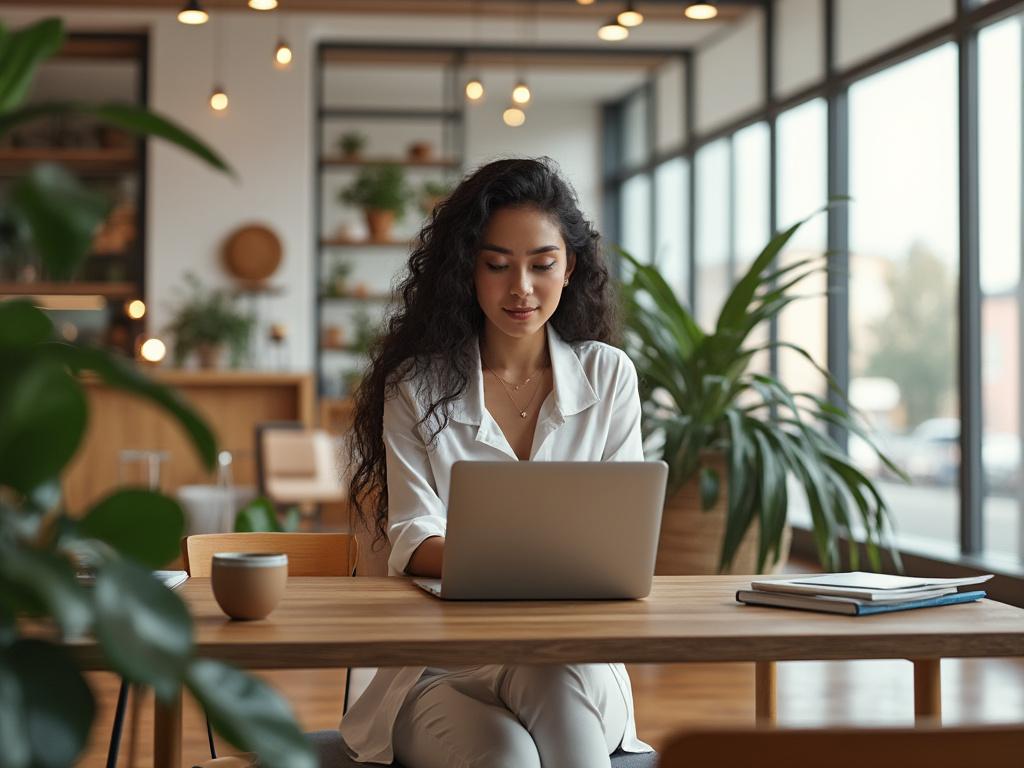 Femme travaillant sur un ordinateur portable dans un café lumineux avec des plantes en arrière-plan.