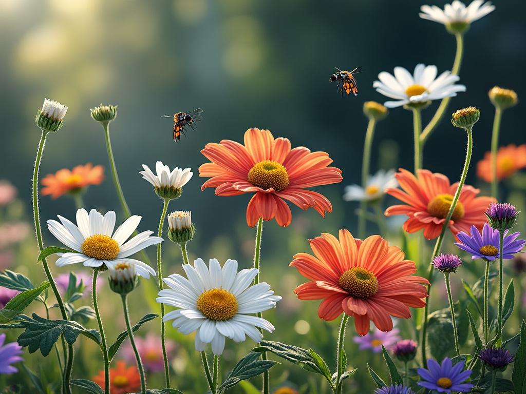 Colorful wildflowers and flying insects in a sunlit garden.