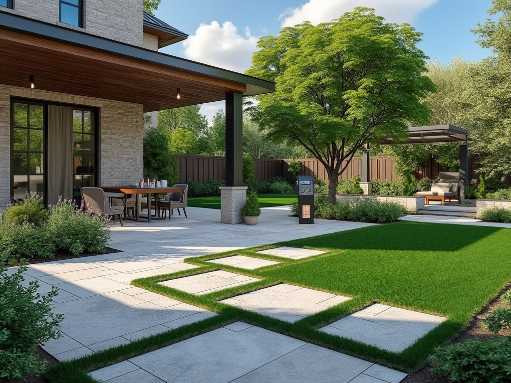 Modern backyard patio with outdoor dining area, lush green lawn, and a shaded seating area under a pergola