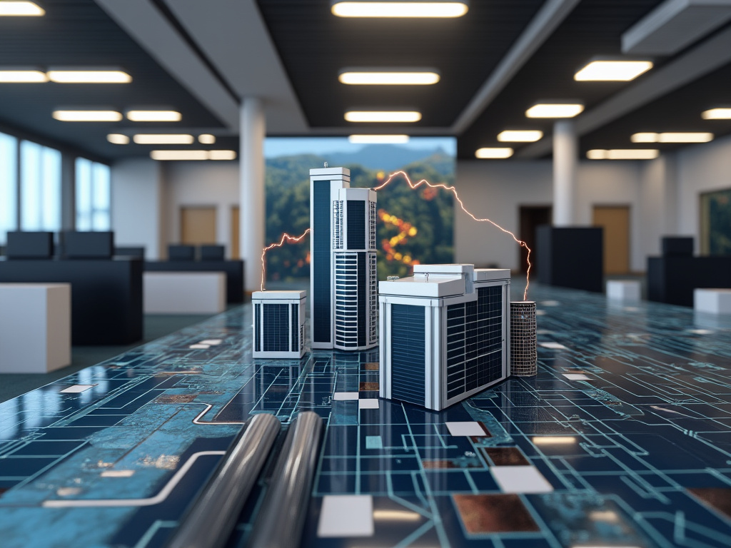 Maquette de bâtiments modernes sur une table en bureau, entourée d'éléments électroniques simulant un réseau électrique. Maquette de bâtiments modernes sur une table en bureau, entourée d'éléments électroniques simulant un réseau électrique.