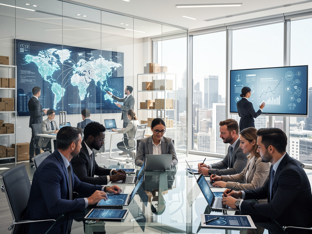 Business team in modern office analyzing global logistics data on digital screens and laptops