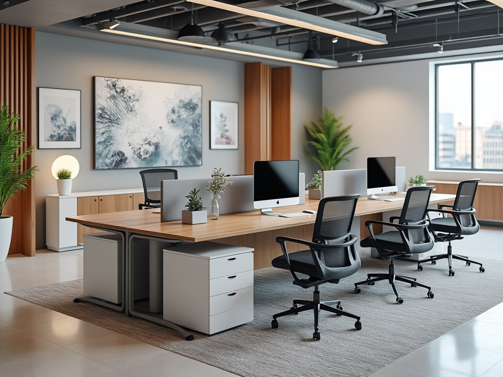 Modern open-plan office with wooden desks, computers, and ergonomic chairs, featuring wall art and potted plants for decor.