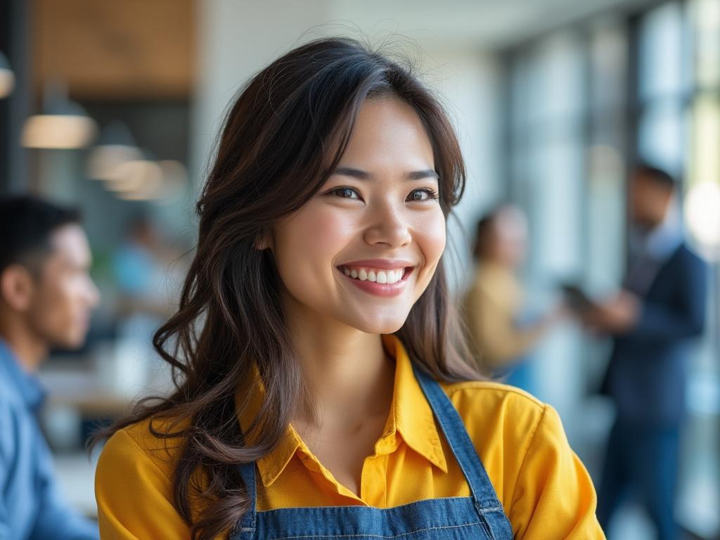Smiling woman wearing a yellow shirt and blue apron in a modern office with colleagues in the background.