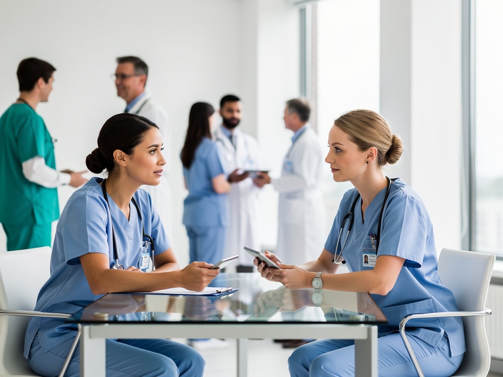 Two nurses in blue scrubs discussing patient care with tablets in a bright hospital meeting room Two nurses in blue scrubs discussing patient care with tablets in a bright hospital meeting room