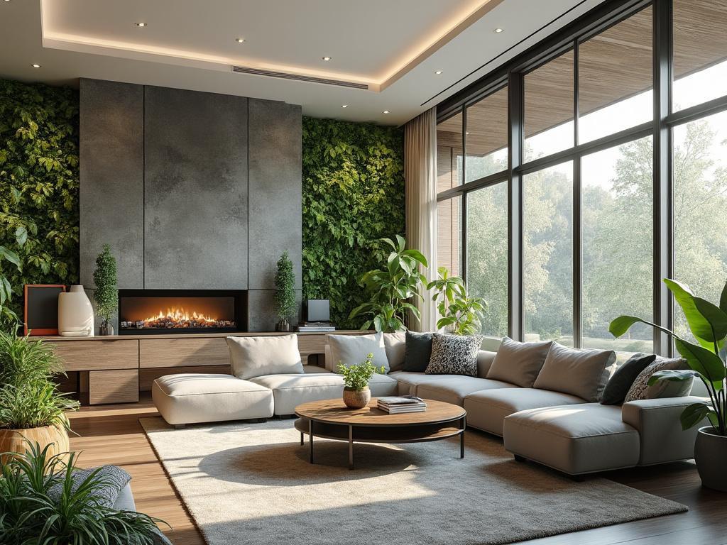 Modernes Wohnzimmer mit vertikalem Garten, großem Fenster, elegantem Kamin und gemütlichem Sofa