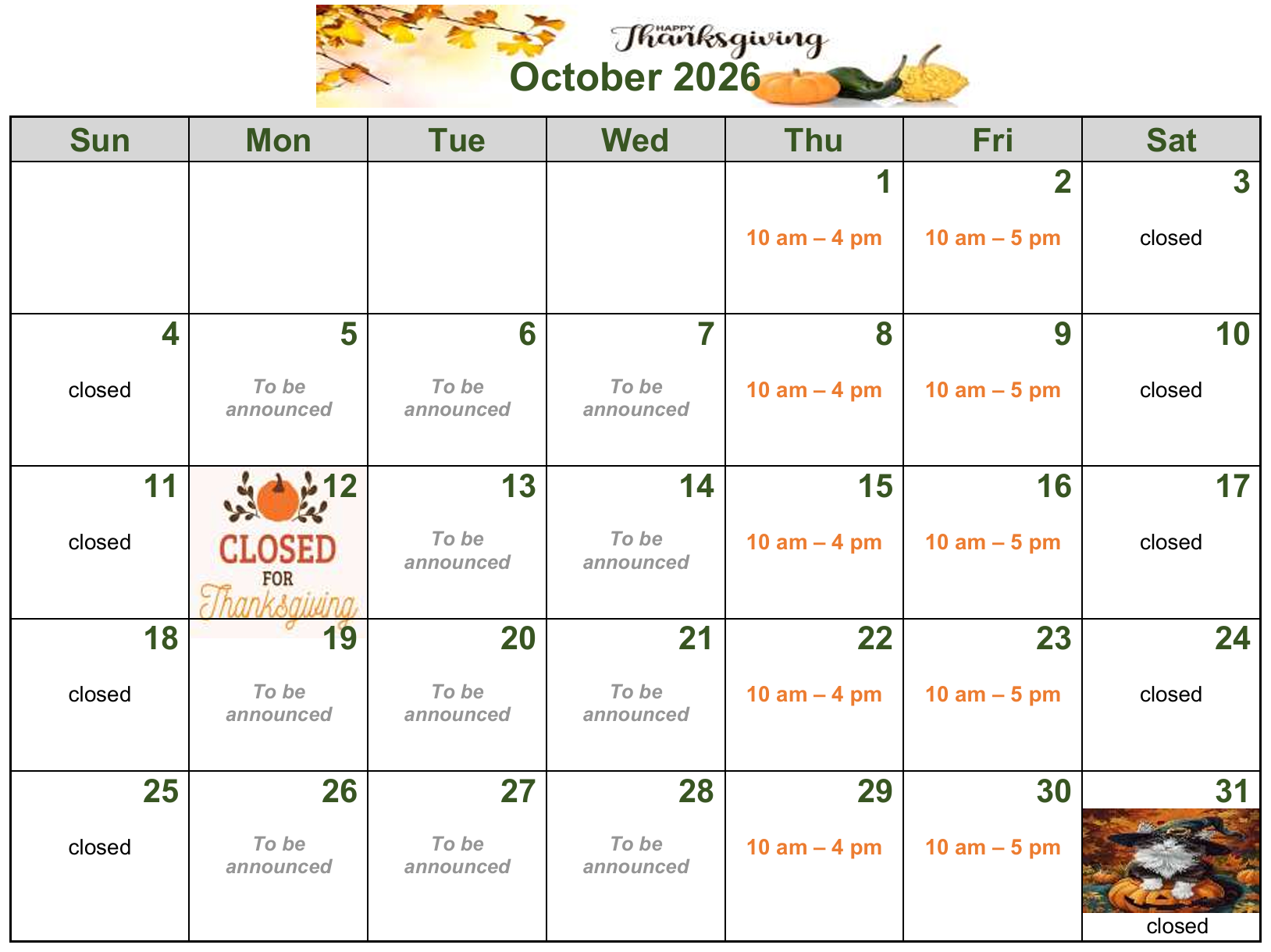 Clinic hours for this month