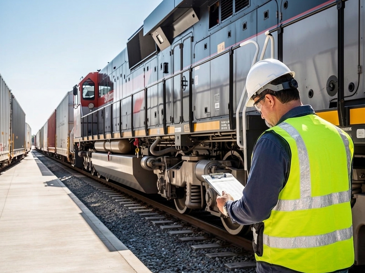Railway inspector in hard hat and high-visibility vest checking cargo train at freight yard