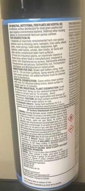 Fast surface disinfectant and deodorizing spray for hard surfaces
for hospital, institutions and home use
Powerful germ killing 
Active Ingredients: Orthophenyl Phenol (0.10%), Paratertiary Amylphenol
 (0.03%), Ethyl Alcohol (50.16%), Triethylene Glycol (4.66%)
325 gram (11.5 oz) aerosol can
