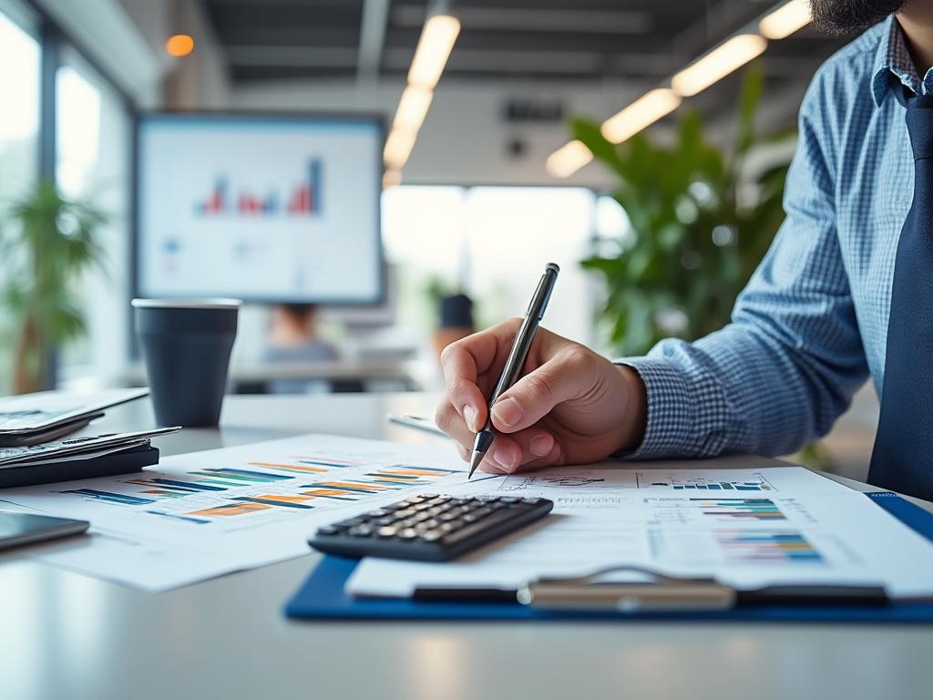 Businessman analyzing financial data at desk with charts and calculator.