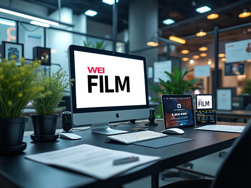 Modern office workspace with computer and tablet featuring 'WEI FILM' on screens, surrounded by potted plants and documents.