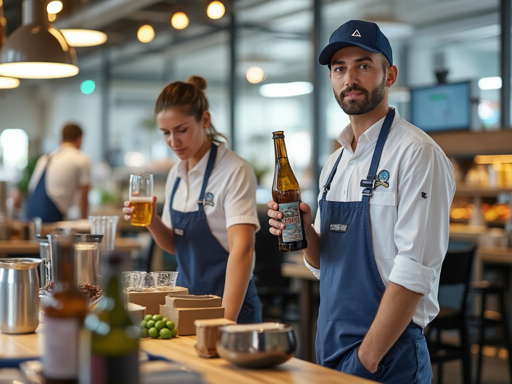 Two bartenders in a modern bar, wearing blue aprons, serving drinks and holding bottles of beer. Two bartenders in a modern bar, wearing blue aprons, serving drinks and holding bottles of beer.