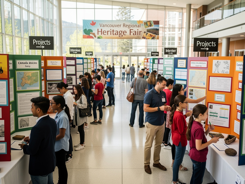 Students and visitors explore project displays at the Vancouver Regional Heritage Fair in a bright exhibition hall