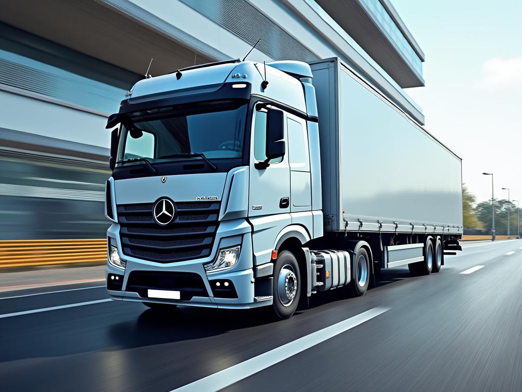 Camion de transport moderne roulant sur une autoroute urbaine avec un bâtiment en arrière-plan.