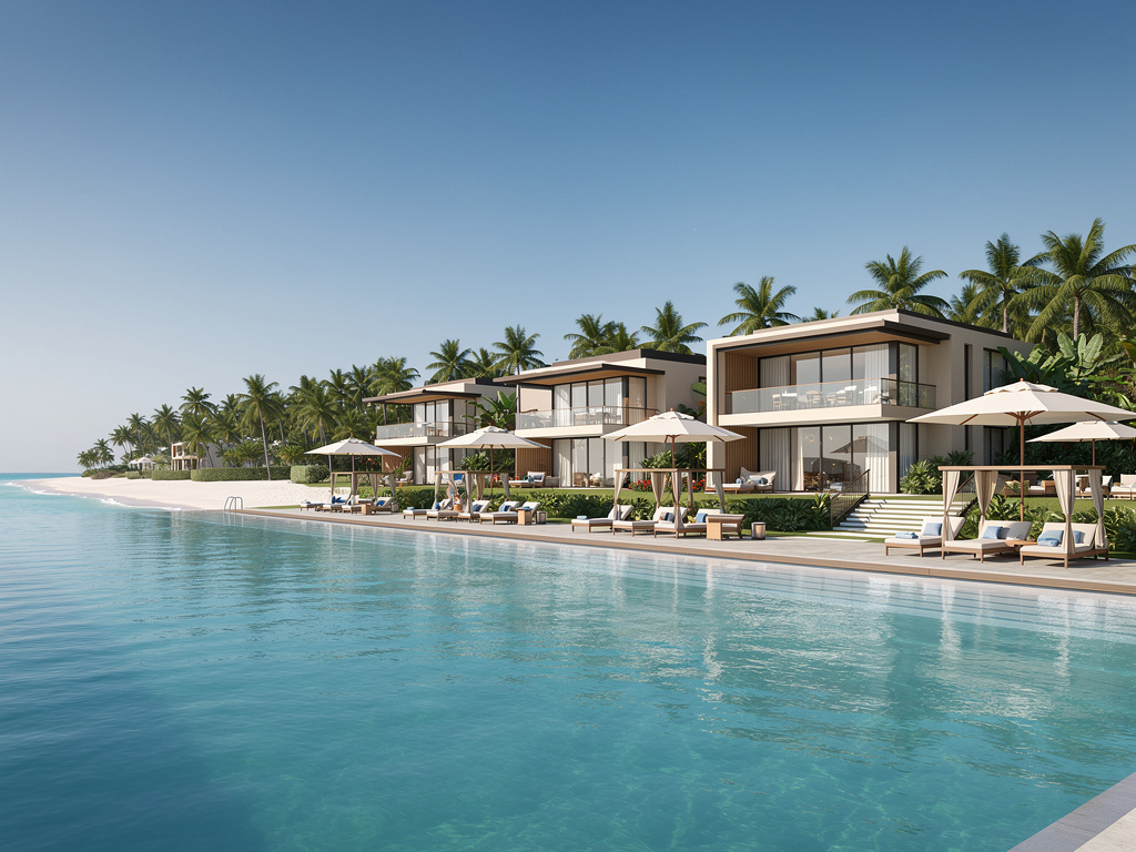 Luxury beachfront villas with palm trees, poolside loungers and umbrellas overlooking turquoise ocean