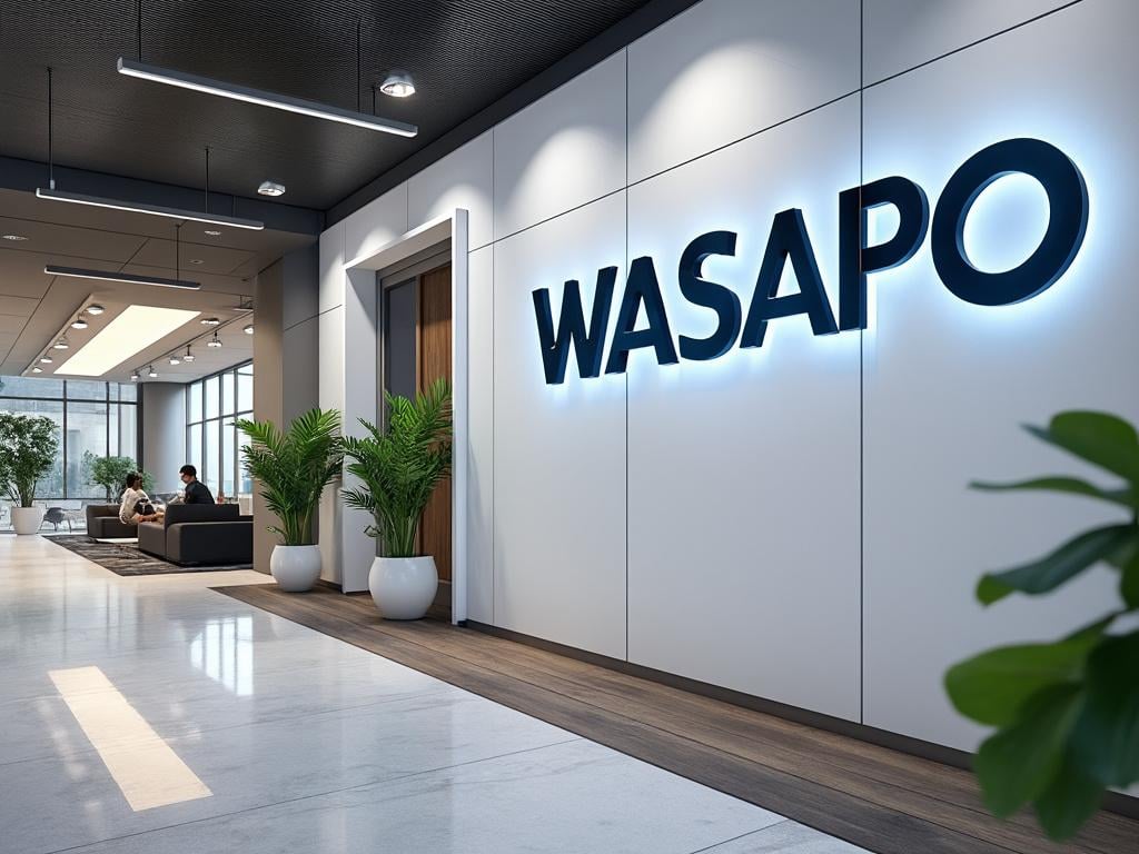 Vestíbulo moderno de oficina con el logo iluminado de WASAPO en la pared, plantas decorativas y personas conversando en sofás en el fondo.