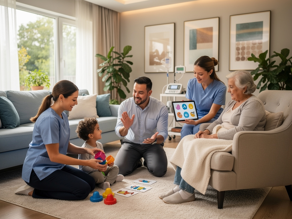 Home healthcare team providing therapy with child and elderly woman in a modern living room