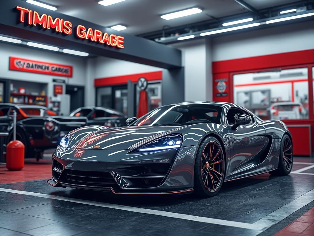 Grauer Sportwagen mit markanten Lichtern in einer Werkstatt mit Schild 'Timmis Garage' im Hintergrund.
