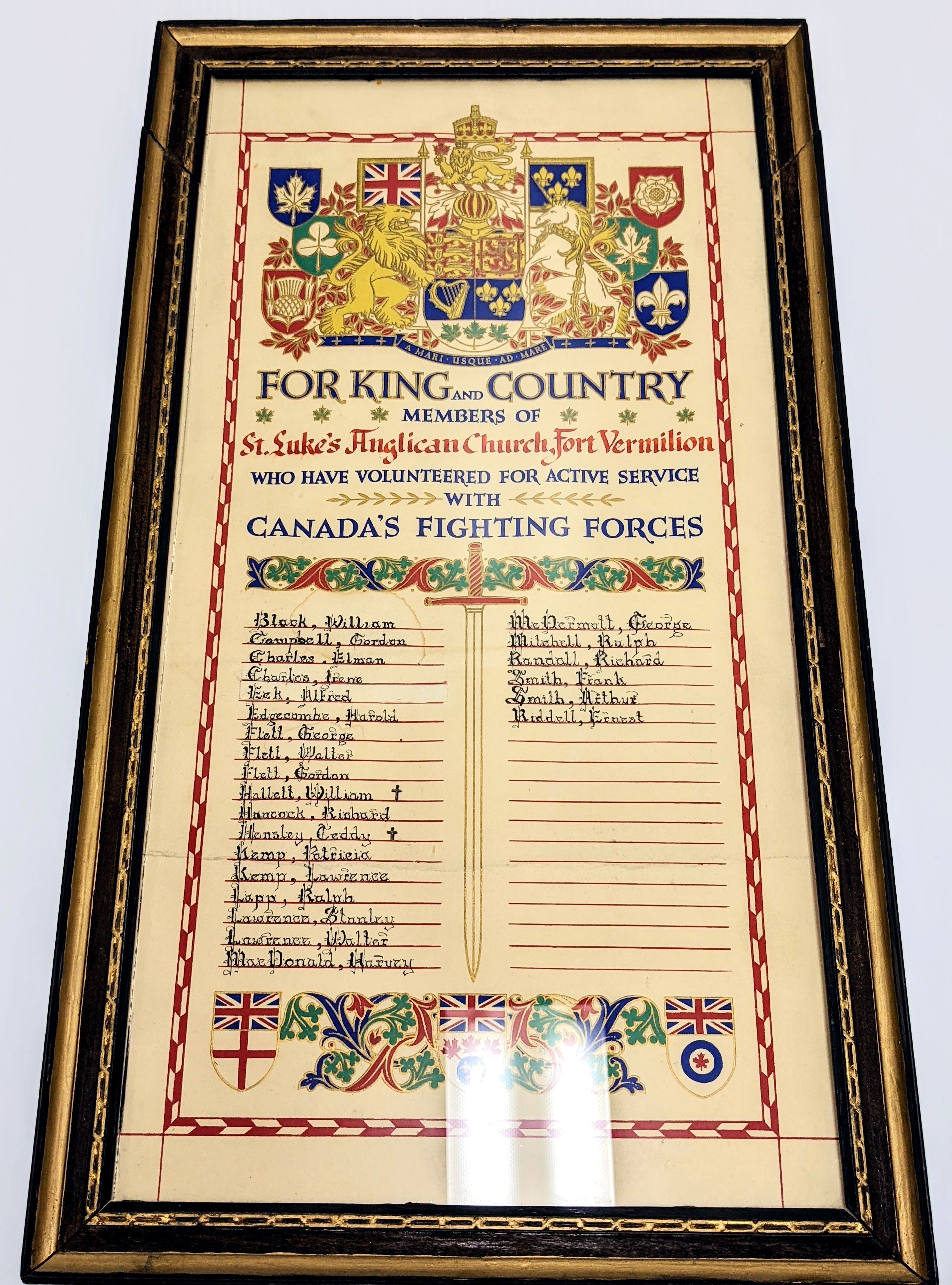 In Honor of Indigenous Veterans day today (Nov. 8 ) and national Remembrance Day on Thursday (Nov. 11) we have chosen this plaque labelling many of the Veterans from Fort Vermilion. Each name is carefully penned in by hand and the small crosses indicate those who were killed in action. The plaque comes from the St. Lukes Anglican church and is by no means a comprehensive list of the veterans from Fort Vermilion Area - if you would like such a list please get in touch!

8/11/2021
2001.13.18 / St. Lukes Anglican Church