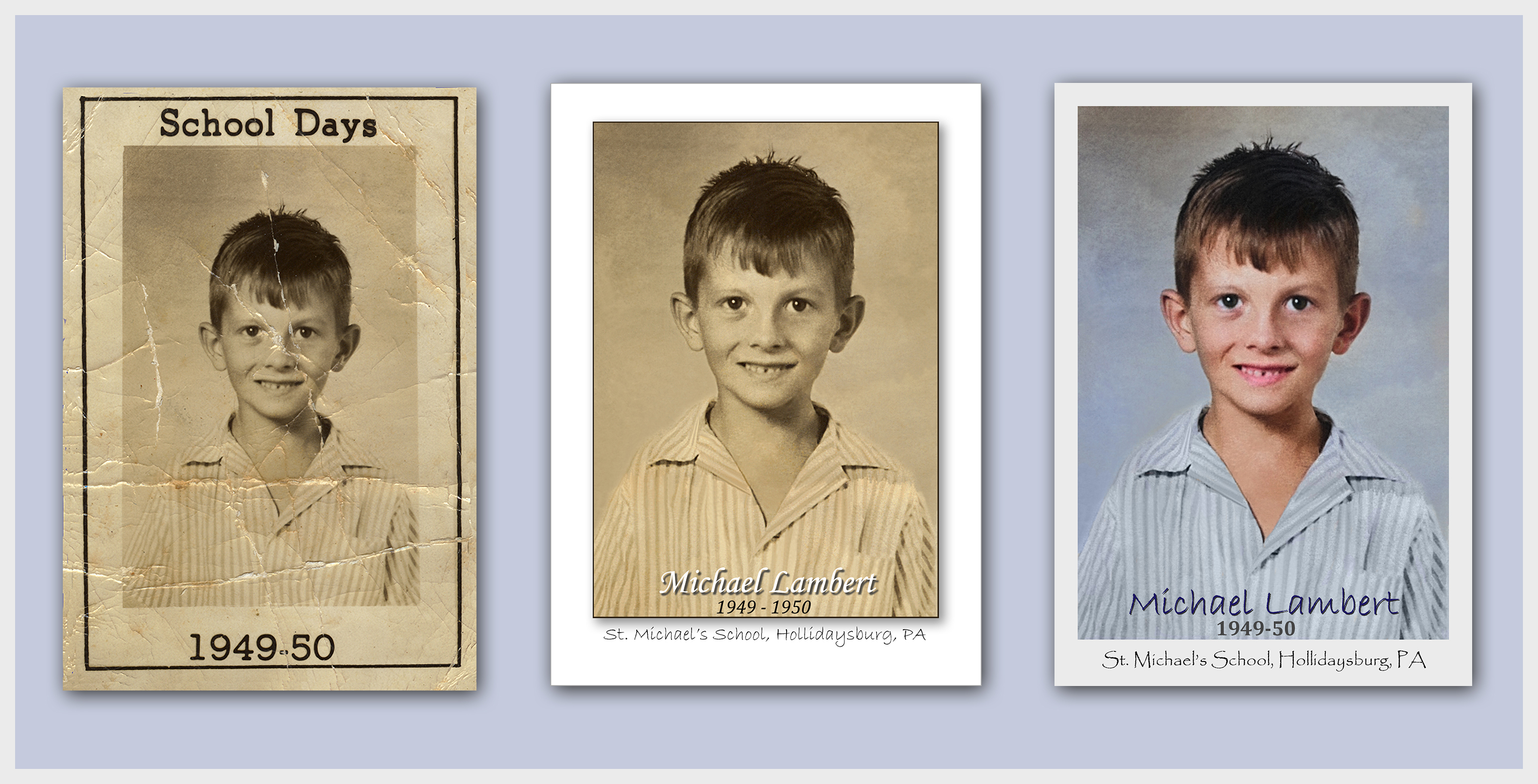 Left >>  Original Sepia Image with Scratches, Creases and Stains.
Center >>  Image Restored & Resized.  White Boarder added for Framing with Identifying Text.
Right >>  Colorized with Identifying Text.  Different Fonts & Font Colors available.