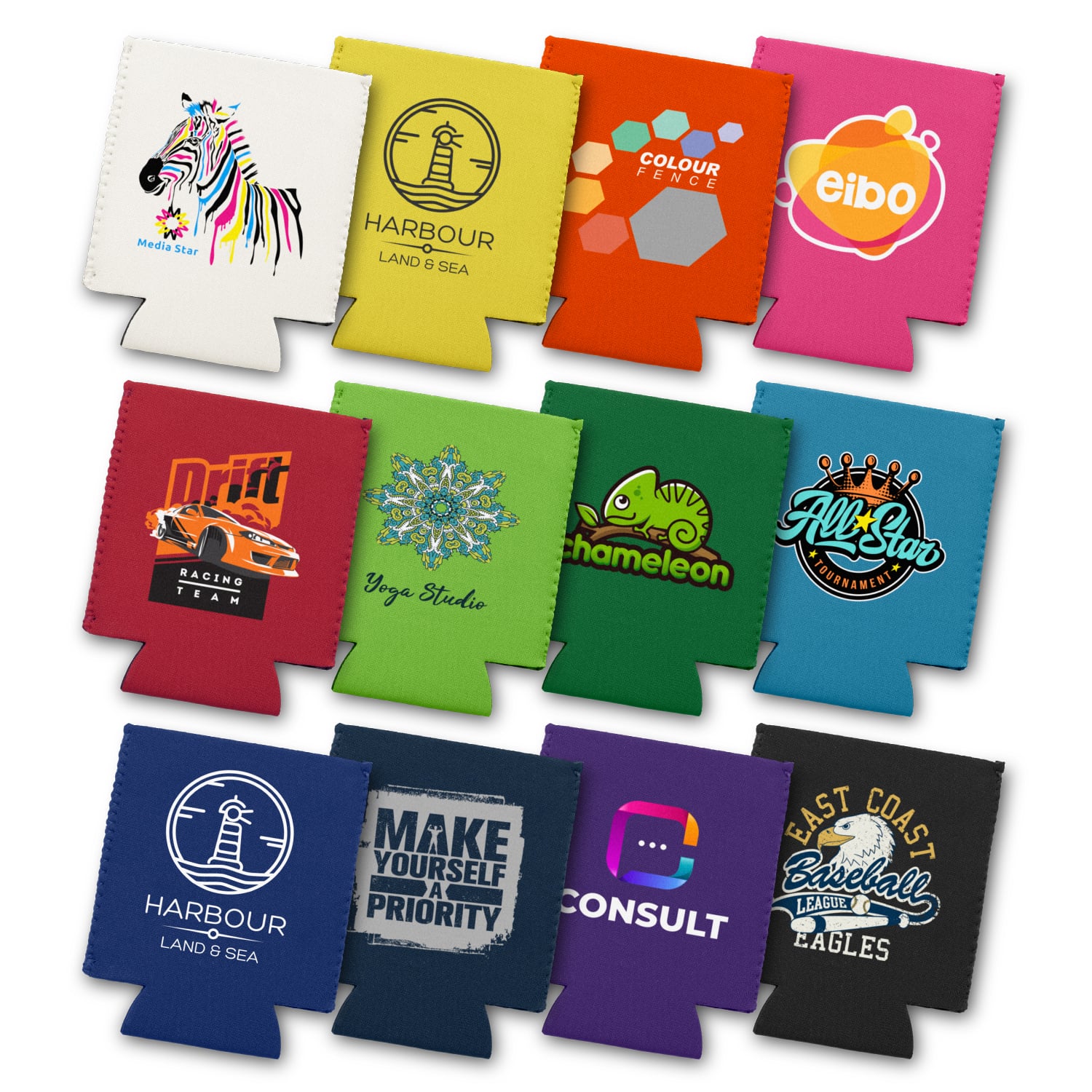 Smiling barista in blue apron at a coffee shop counter with drinks and supplies in the background.