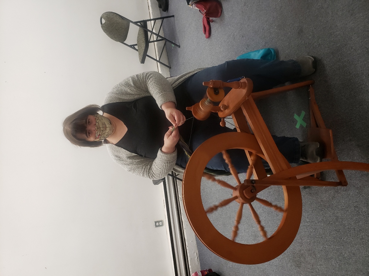 Lisa spinning on her Ashford Traditional.