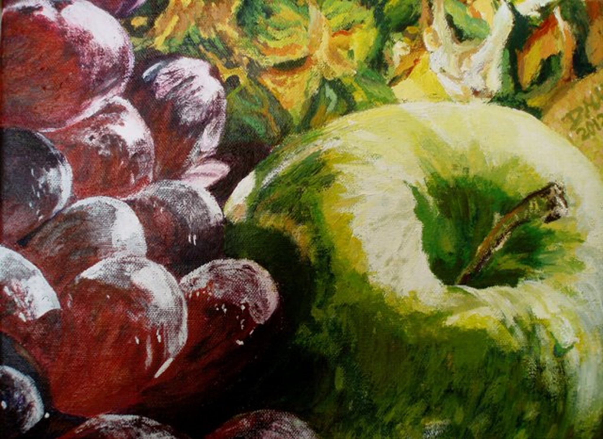 Green Apple, Red Grapes, Pineapple, & Pear,  9"X12"  2012, Acrylic on Canvas