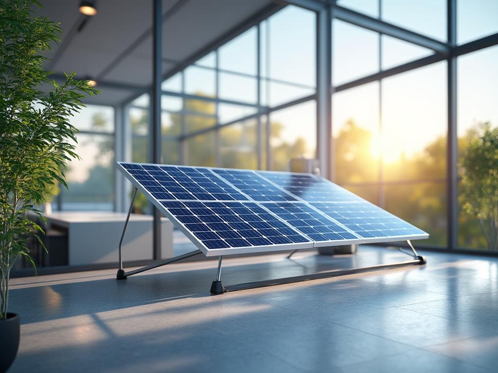 Panel solar en interior moderno con planta verde y luz de atardecer.