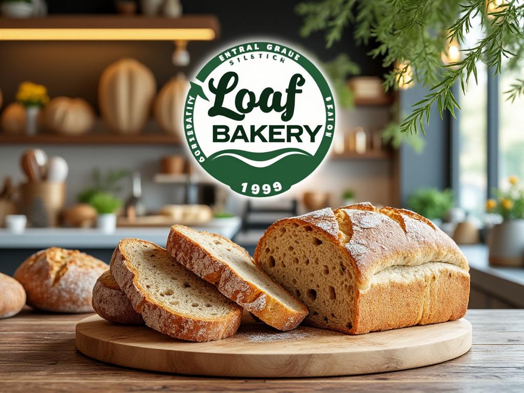 Freshly baked artisan bread on a wooden board with kitchen background, featuring Loaf Bakery logo overlay.