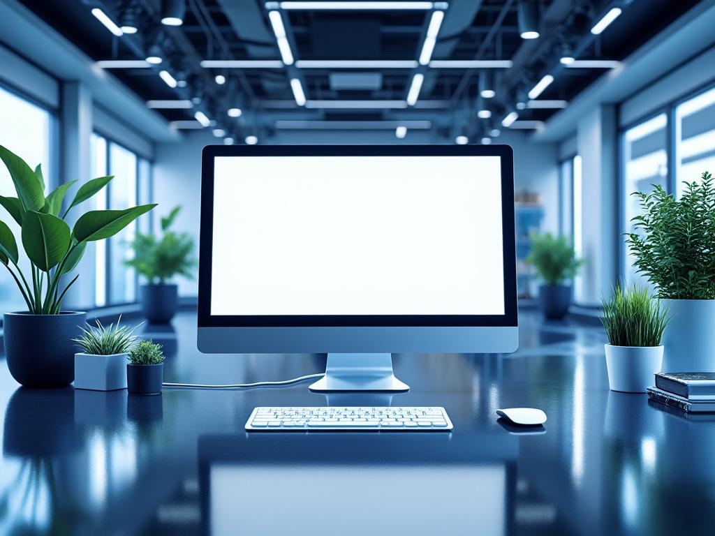 Modern office workspace with a blank computer monitor on a desk surrounded by green plants and sleek decor.