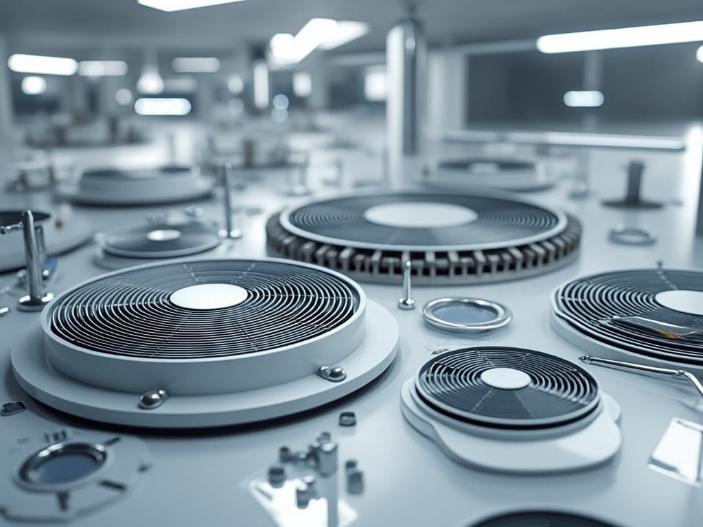 Close-up of circular exhaust fan units on a sleek, modern rooftop with industrial design, showcasing ventilation systems. Close-up of circular exhaust fan units on a sleek, modern rooftop with industrial design, showcasing ventilation systems.