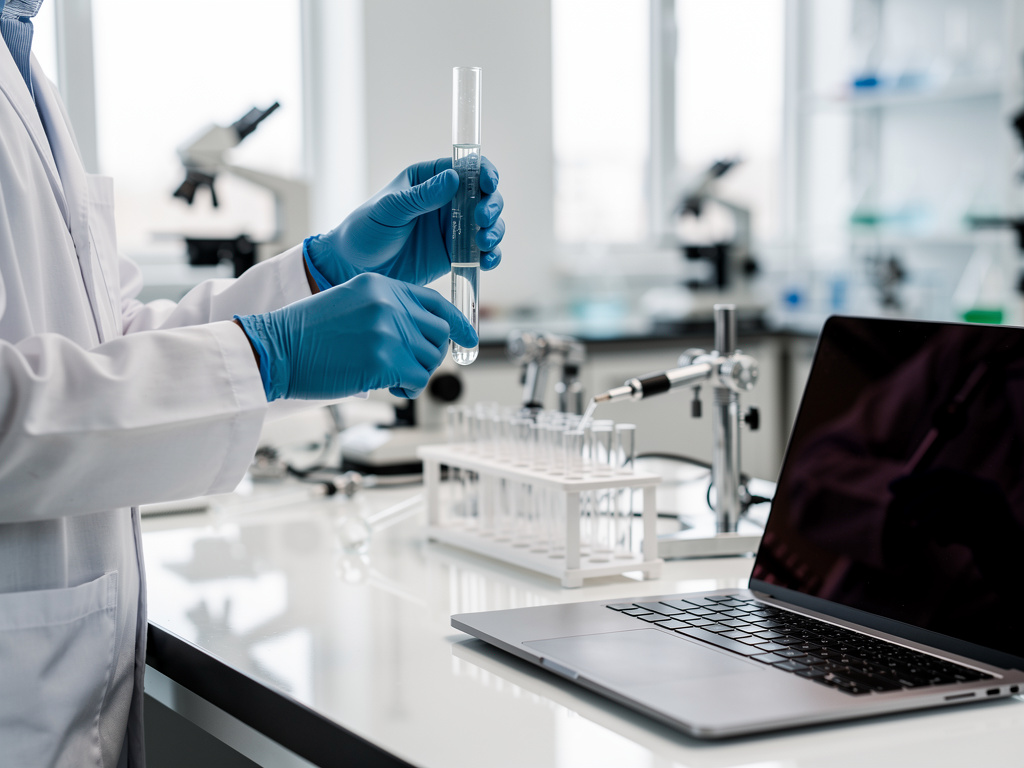 Scientist in lab coat and blue gloves holding a test tube in a modern laboratory with microscopes and laptop