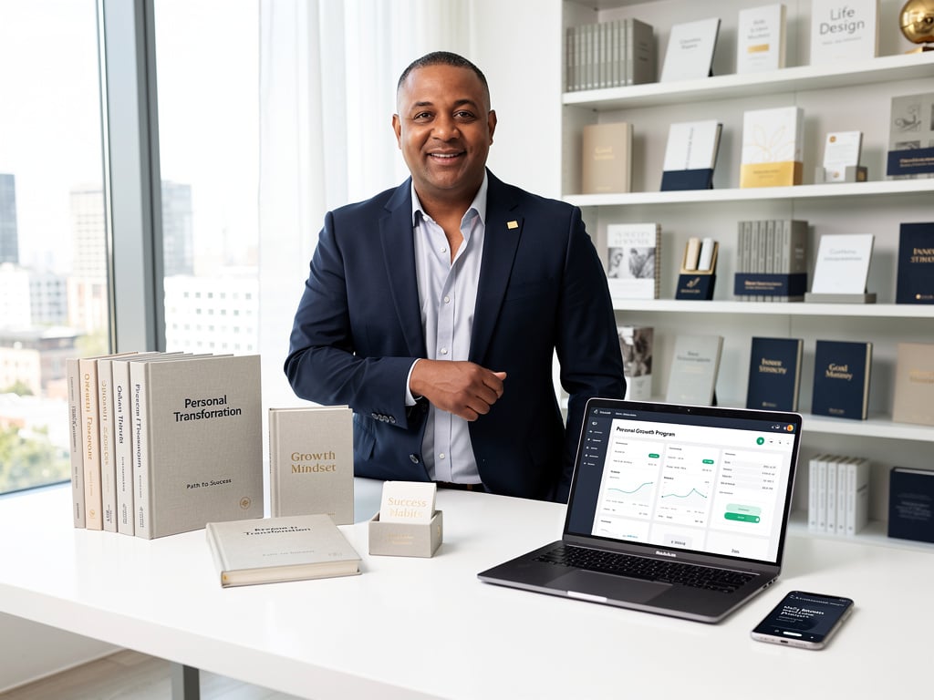 Professional personal growth coach in modern office with self-improvement books and laptop showing personal growth program dashboard