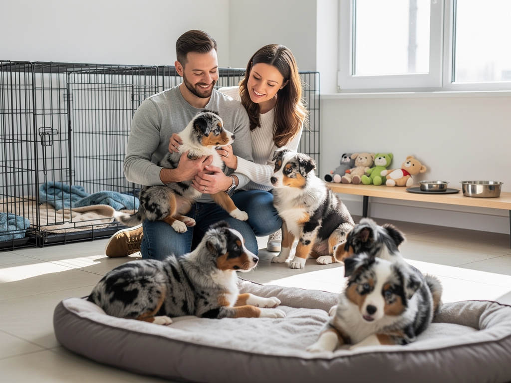 Happy couple playing with Australian Shepherd puppies in a bright indoor dog nursery with crates, toys, and pet bowls