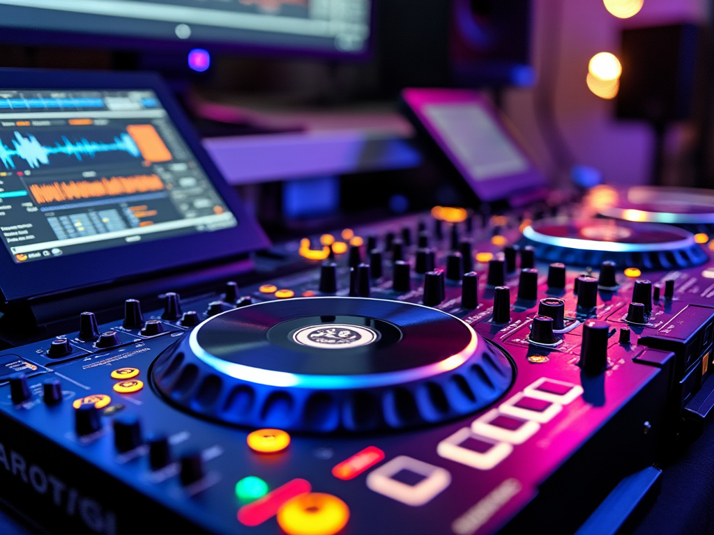 Close-up of a modern DJ mixing console with illuminated buttons and screens, used for mixing music in a vibrant studio setting.