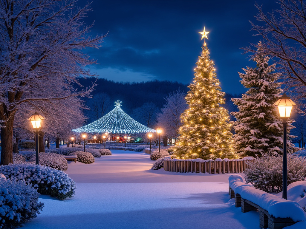 Snow-covered park with illuminated Christmas tree and gazebo at night
