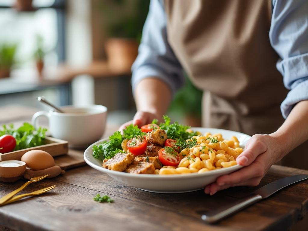 Person holding a plate of pasta with tomatoes and herbs on a wooden table, next to fresh ingredients.