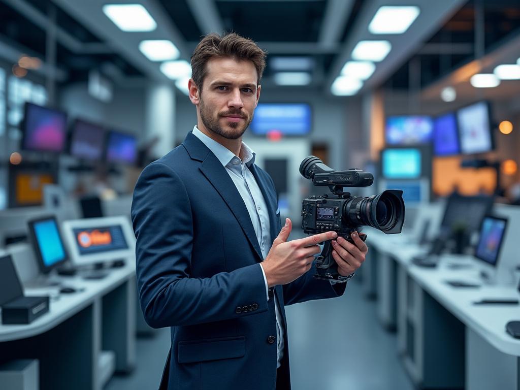 Man in a suit holding a professional video camera in a modern newsroom setting with screens and desks in the background.