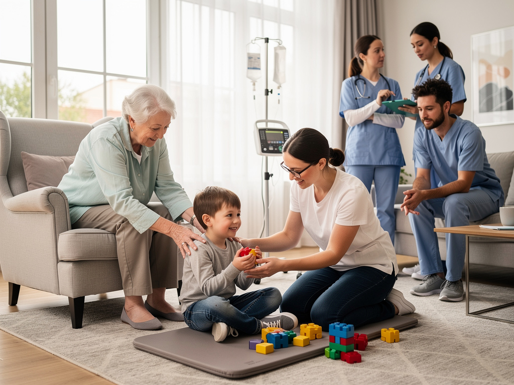 Pediatric home healthcare with nurses, caregiver, child playing blocks, and elderly grandmother in bright living room