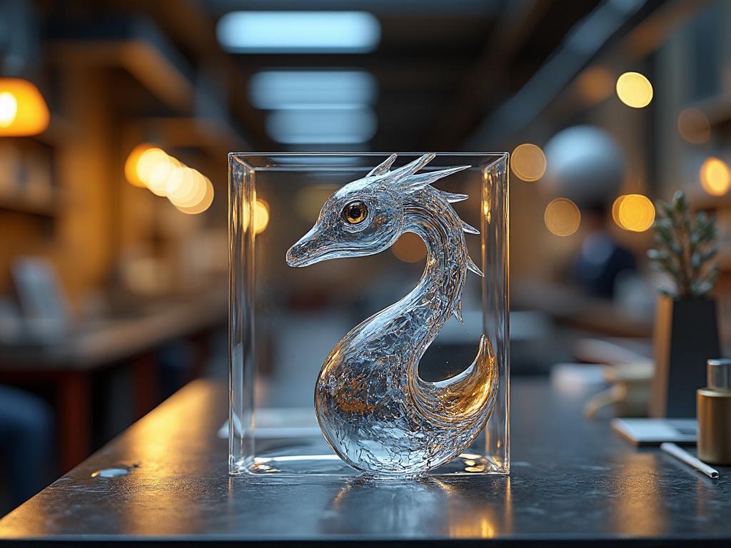 Intricate glass sculpture of a dragon head displayed on a table with a blurred background of warm ambient lighting.