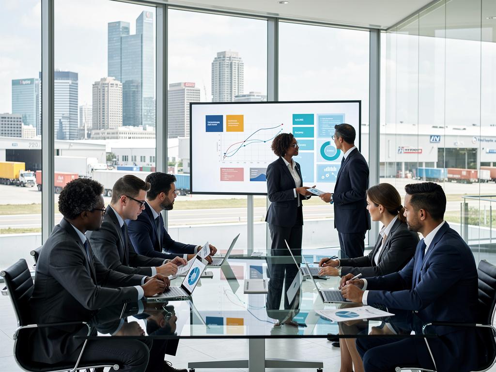 Corporate business team meeting in modern office with presentation charts and city skyline view