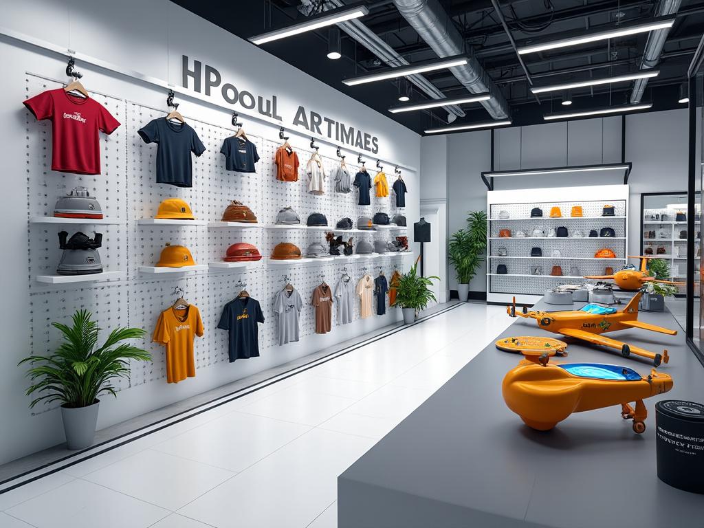 Modern retail store interior featuring clothing and accessories on display shelves, with a futuristic drone showcased on a central table.