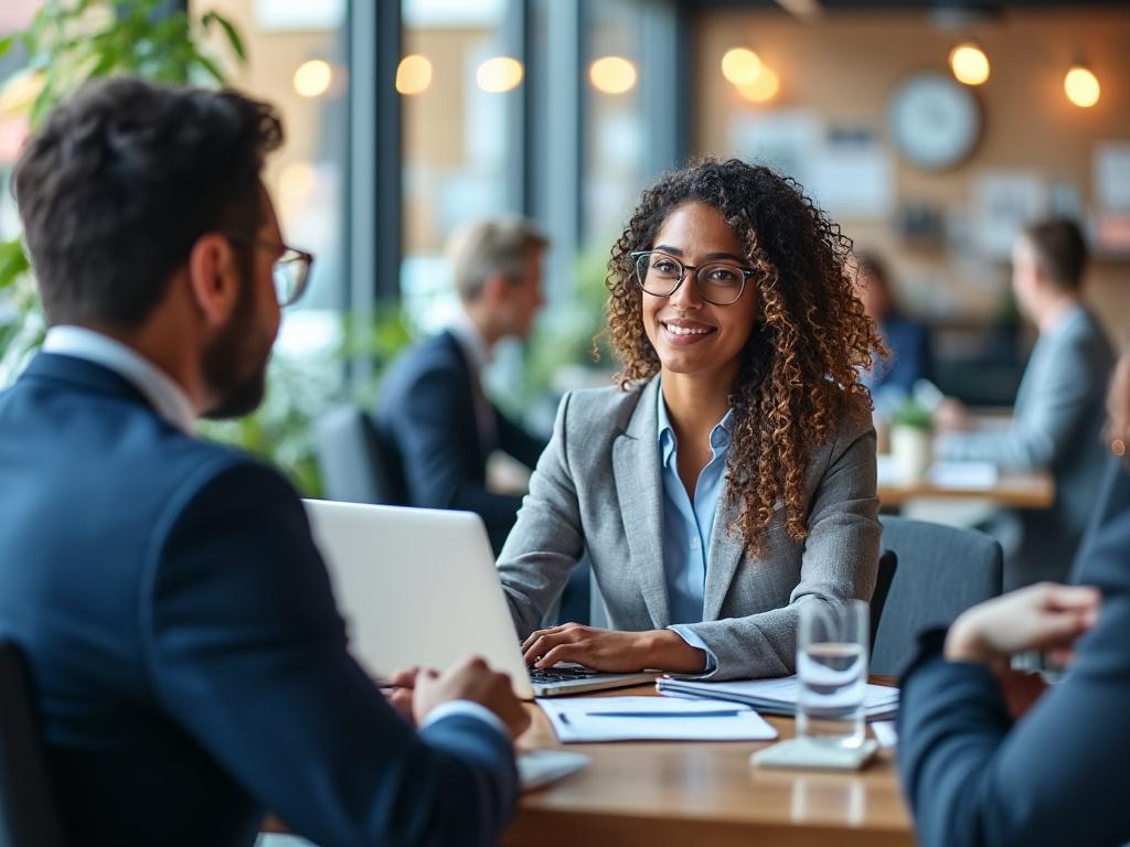 Business meeting in a modern office, featuring a smiling woman in a suit sitting at a table, engaging in conversation with a colleague.