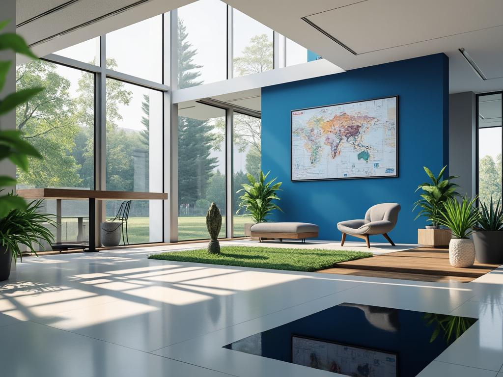 Modern living room with large windows, blue accent wall, world map artwork, and indoor plants.