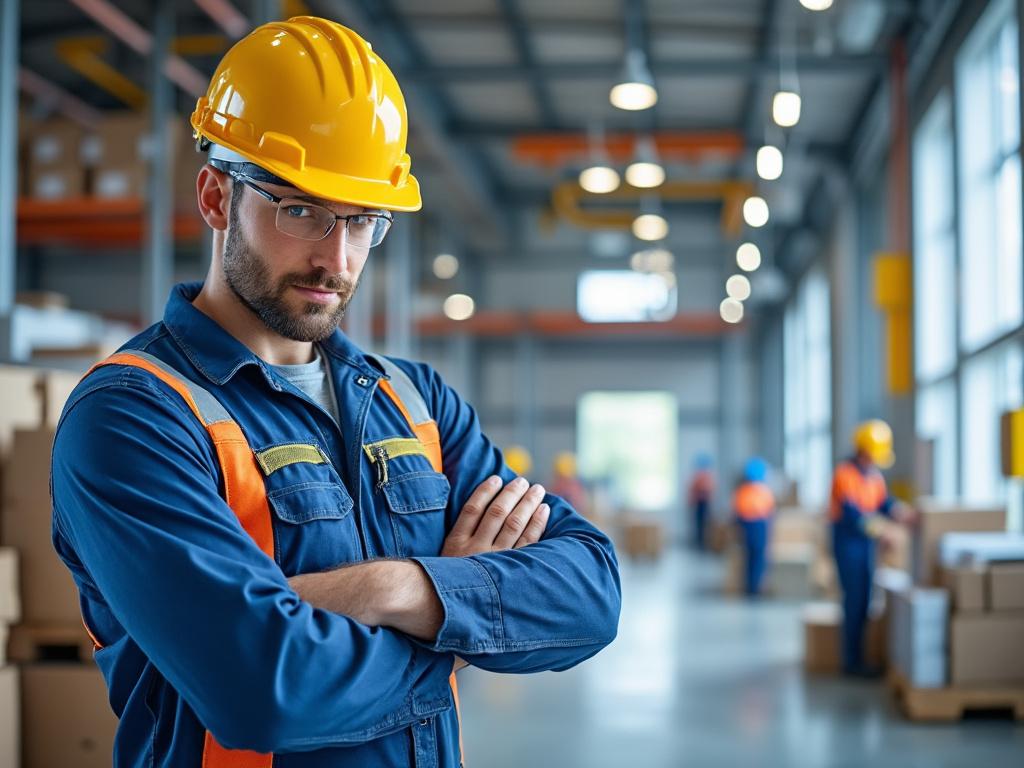 Confident factory worker in safety gear standing in a warehouse with colleagues working in the background.
