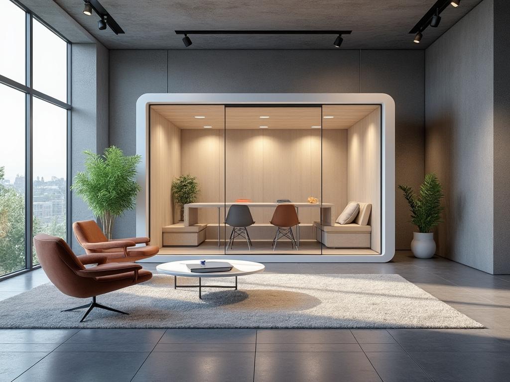 Oficina moderna con cabina acristalada, sillones marrones, mesa blanca y plantas decorativas, iluminada por ventanales grandes.
