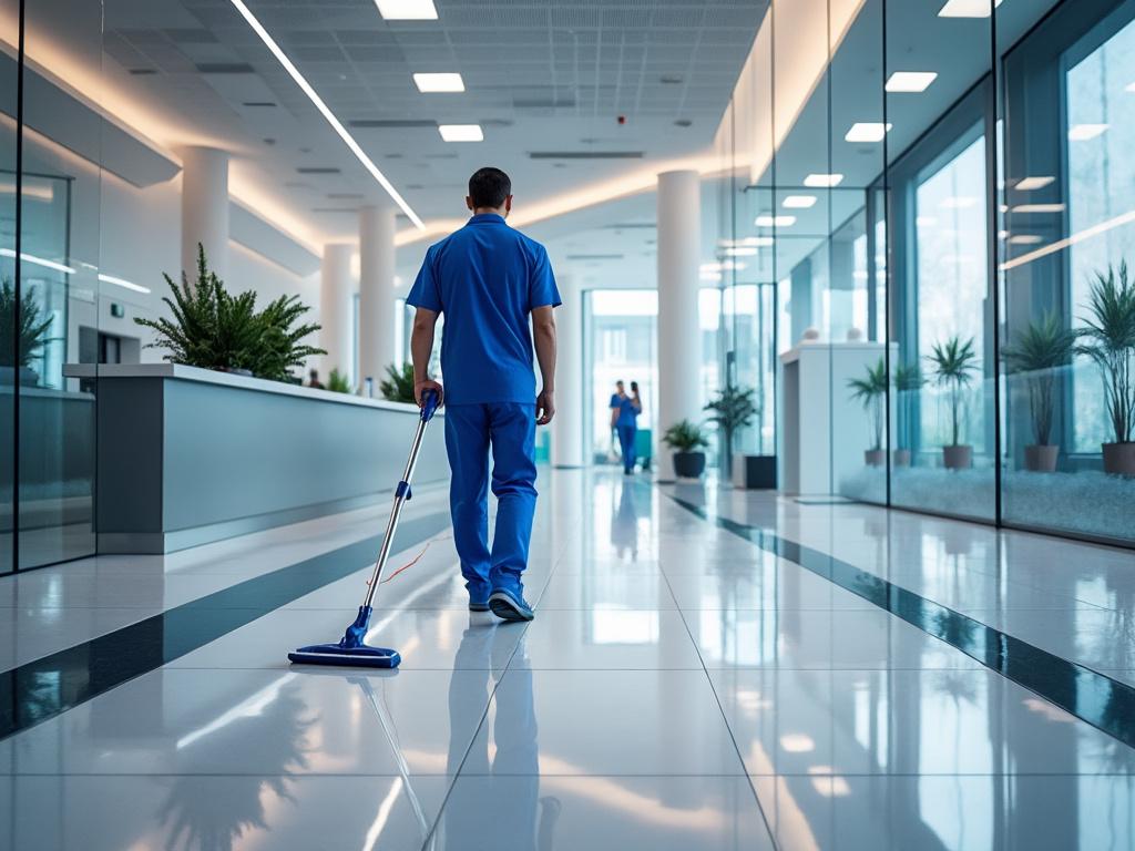 Person in blue uniform cleaning a modern, glass-walled corridor with a floor mop, surrounded by plants.