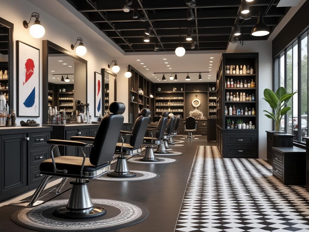 Modern barber shop interior with black chairs, checkered flooring, mirrors, and shelves stocked with grooming products.